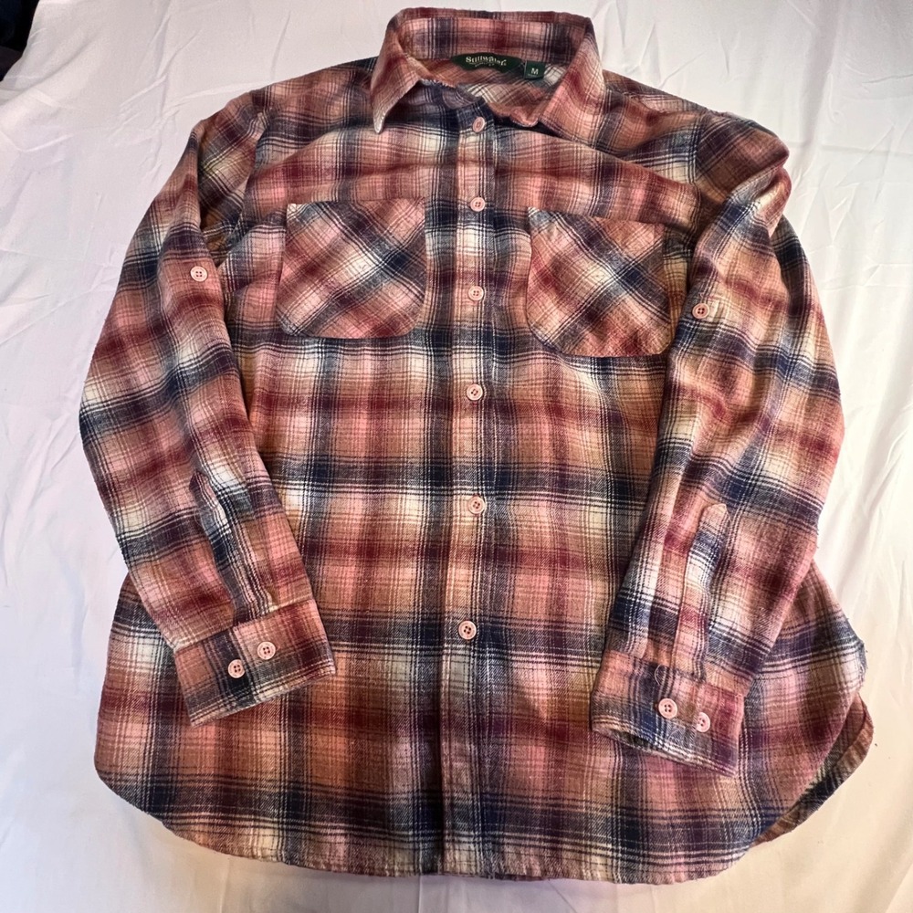 Stillwater Supply Co M Flannel Shirt Pink Brown Plaid Roll-Tab Lumberjack Hiking
